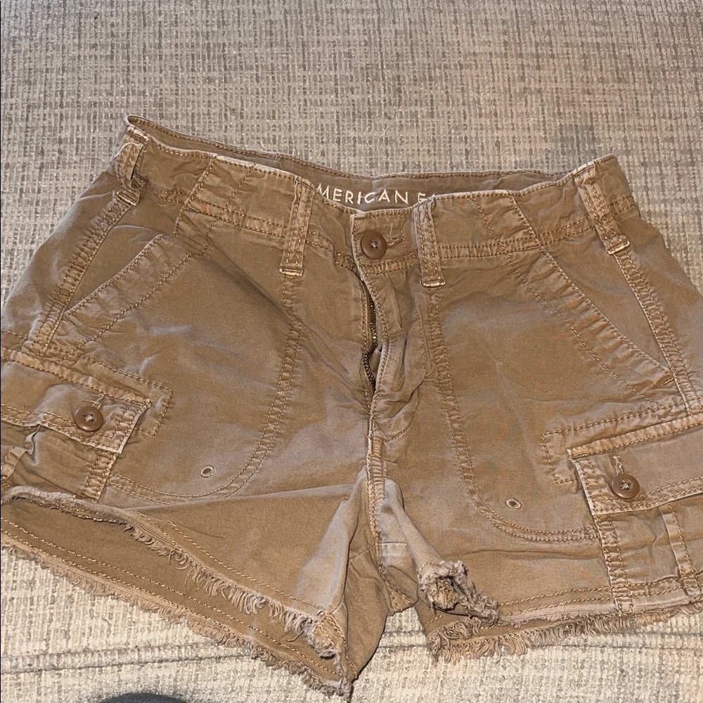 American Eagle Outfitters Tan Cargo Shorts with Frayed Hem
